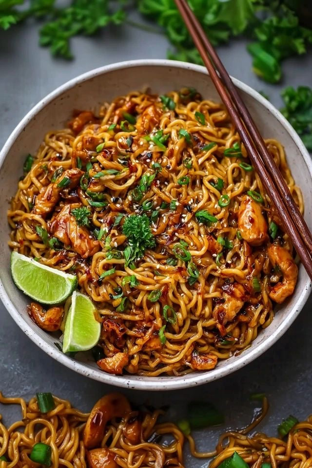 Hot Honey Chicken Noodles with Garlic Pak Choi