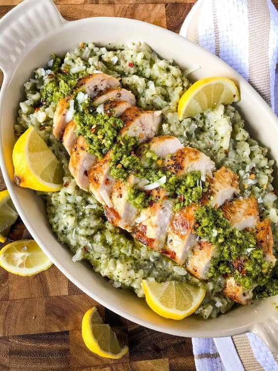 PORCINI, PEAS & SPINACH RISOTTO, GRILLED CHICKEN TRUFFLE OIL & TOASTED PINE NUTS