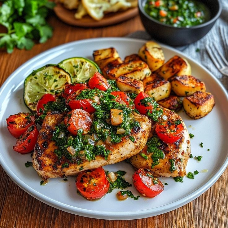 GRILLED CHIMICHURRI CHICKEN, HERB BABY POTATOS, ROASTED ROOT VEGETABLES
