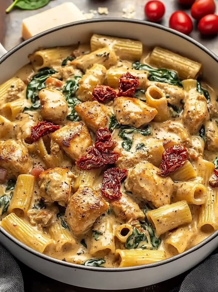 Sun dried tomato & spinach chicken mascarpone rigatoni