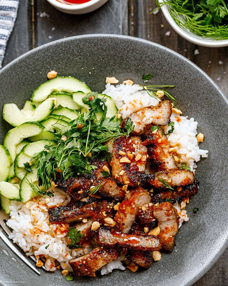 CHAR SUI LEAN PORK COLLAR RIB STEAK, EDAMAME, BLACK ONION AND SESAME RICE