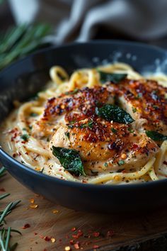 POMODORO CHICKEN, BLACK AND WILD GARLIC PESTO, LINGUINE
