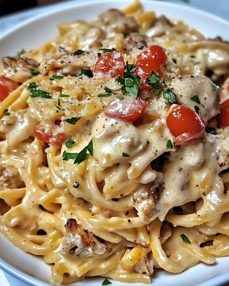GARLIC AND CHILLI CHICKEN AND PRAWN LINGUINE, ROASTED CHERRY TOMATOES