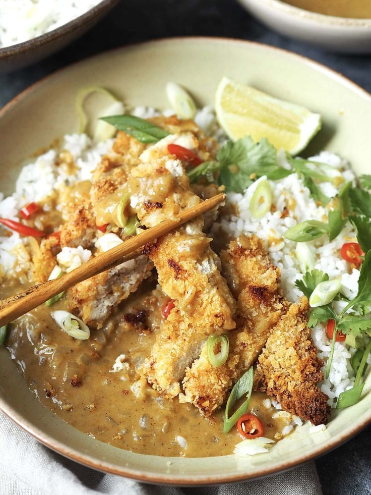 TEMPURA KATSU CHICKEN NUGGETS, HOUSE KATSU SAUCE, STEAMED VEGETABLE RICE