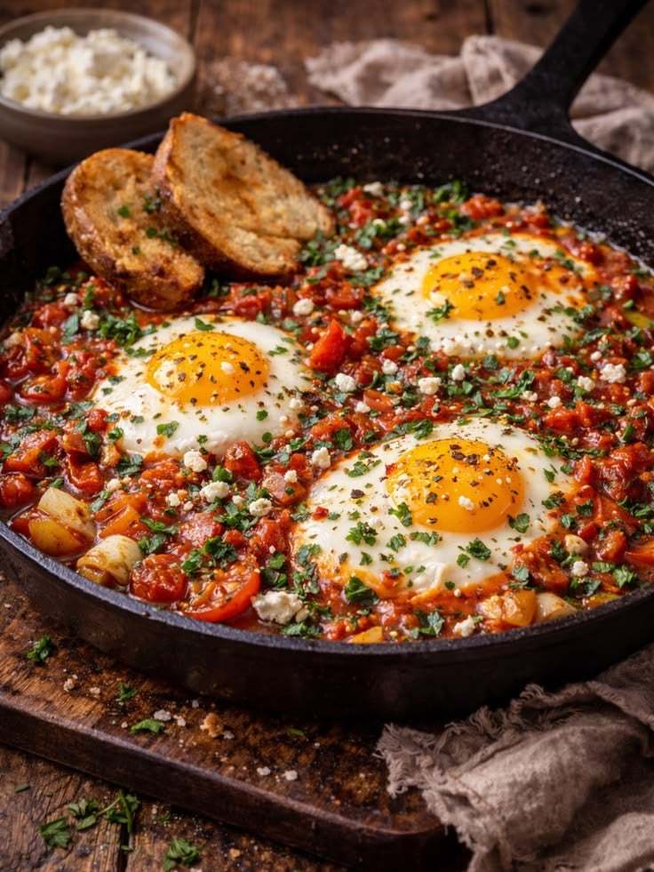 SHAKSHUKA, POACHED EGG, SPICED CHOPPED TOMATO & PEPPER SAUCE, FETA & PARSLEY