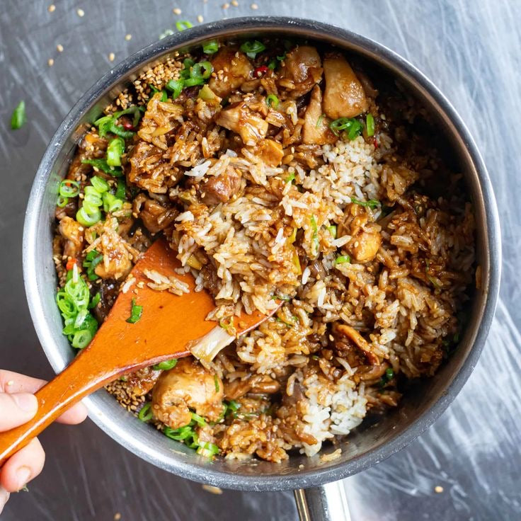 MISO AND SOY BLACK CHICKEN, SESAME BEANS, EGG FRIED RICE