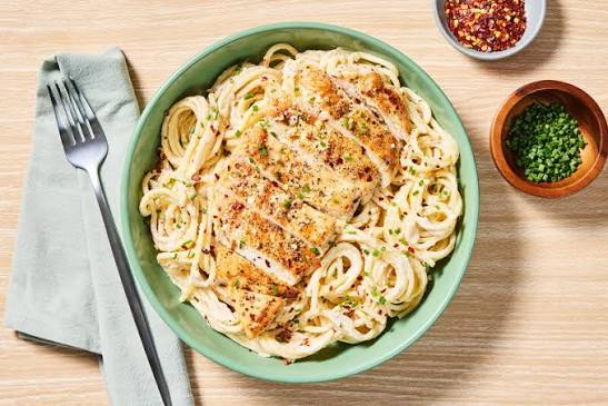 Roasted garlic & chive chicken, spinach Alfredo