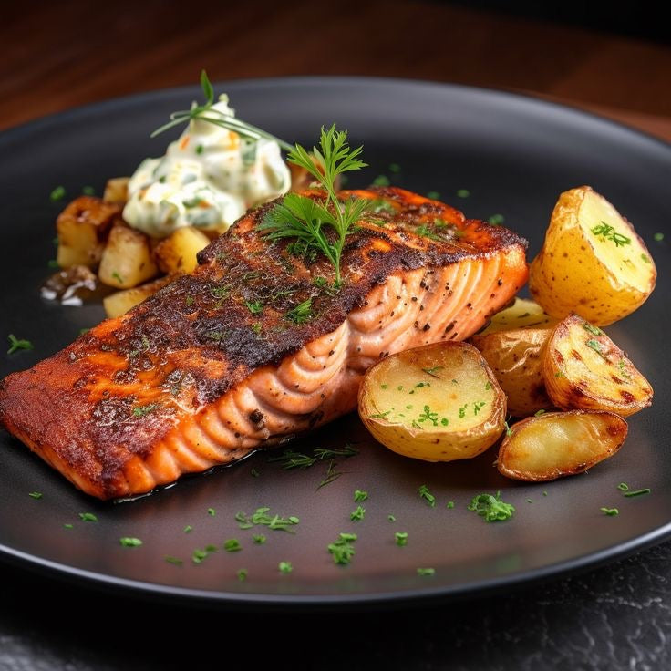 BLACKENED SALMON FILLET RUSTIC CRUSHED POTATOES, CAJUN PESTO