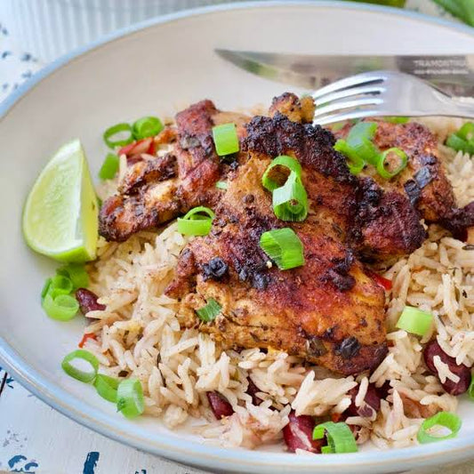 STICKY HONEY JERK CHICKEN, RICE & PEA